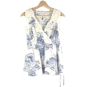 Cabi Veranda Print Top Sleeveless V-Neck Drawstring Blue White Sz XS
